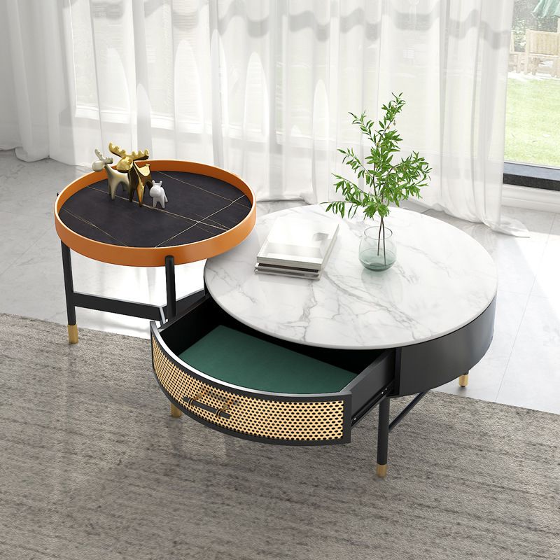 Luxurious Slate Round Top Coffee Table Set with Storage Drawer