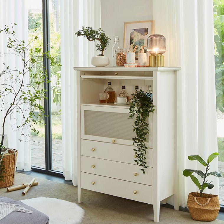 Glam Stone and Wood Buffet Server Living Room White Dining Server with Drawers