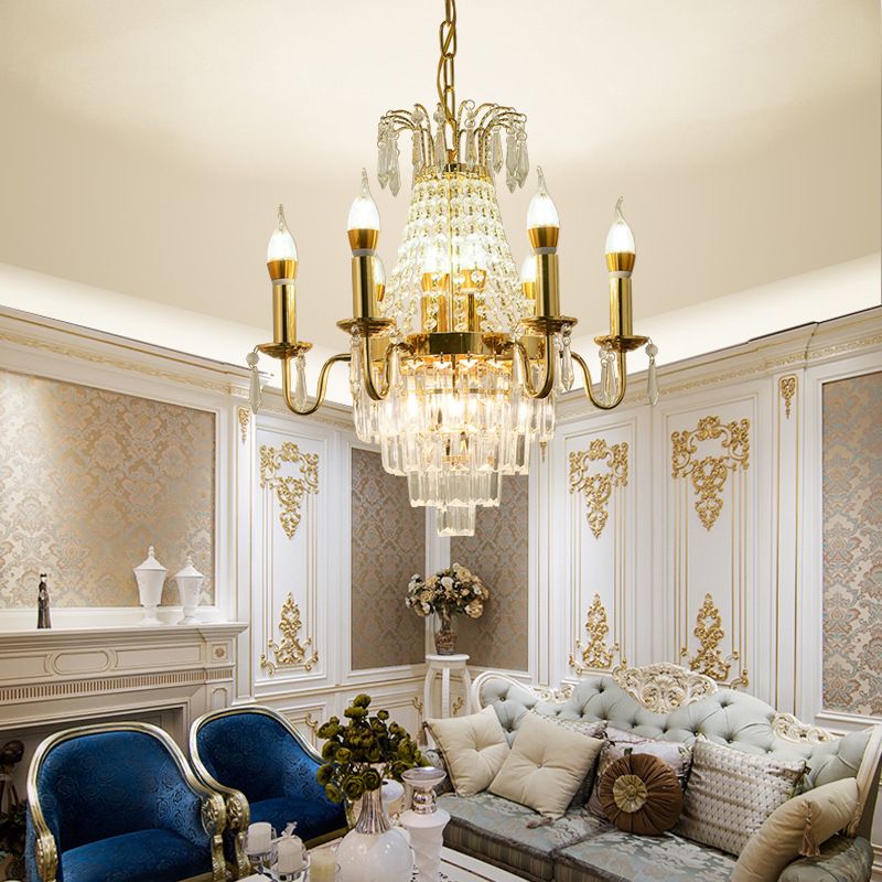 Gold 10 lumières lampe de lustre lampe traditionnelle en métal candélabre suspendu avec accent en cristal