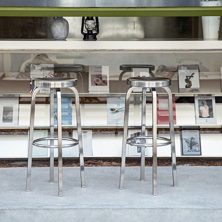 Silver Glossy Brushed Barstool Stainless Steel Outdoor Bar Stool with Round Seat 1 Piece