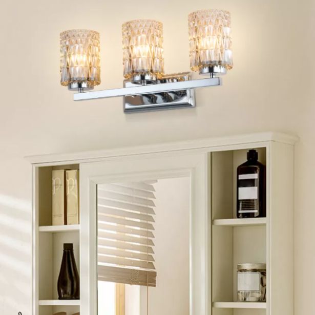 3-Light Cylindrical Vanity Lamp Traditional Chrome Lattice Glass Wall Sconce for Bathroom