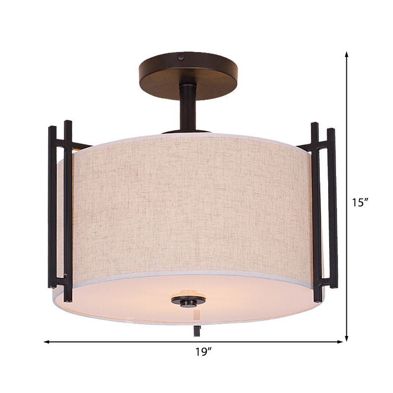 1 Tambour léger Semi-Flush Light Flaxen tissu Ceiling Fixture de plafond pour la salle de séjour