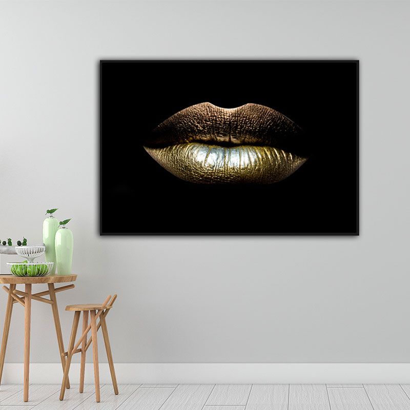 Modern Woman Lip Wall Art Print Gold-Black Textured Surface Canvas for Dining Room