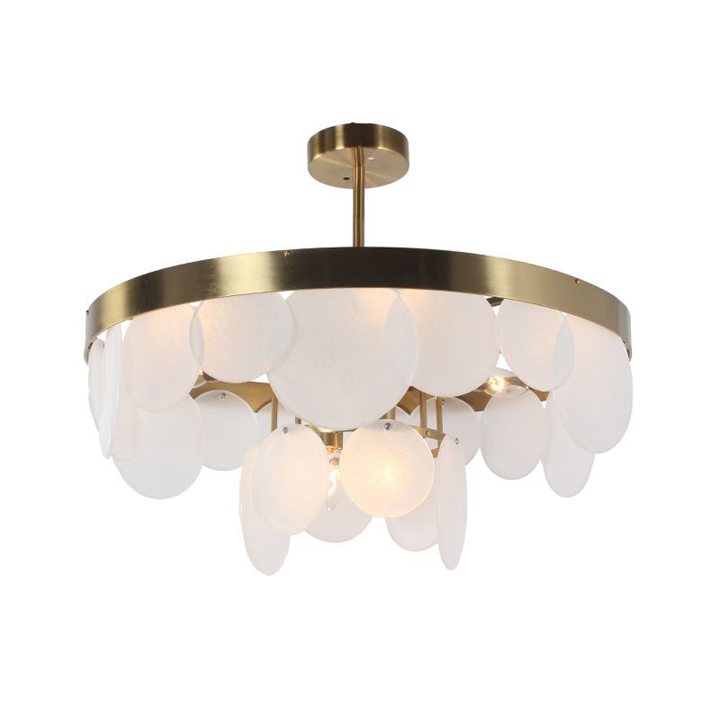 Post-Modern Circle Panel Semi Flushmount White Glass 6 Bulbs Bedroom Ceiling Flush Mount in Brass with Ring Design
