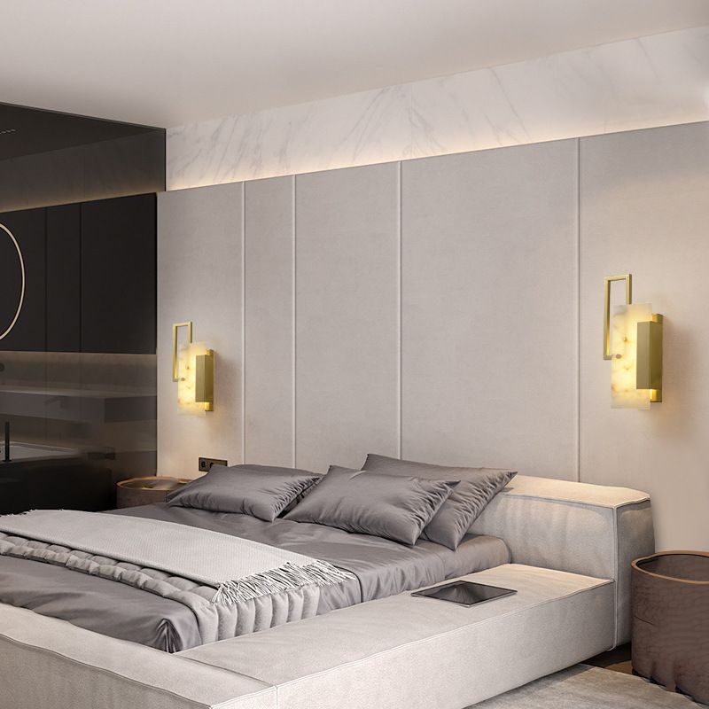 Modern Brass Wall Light Gold Geometric Wall Sconce with Mica for Bedroom