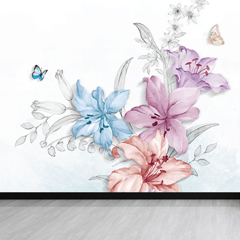 Stylish Blooming Lilies Wallpaper Mural Blue and Pink Flower Wall Decor for Bedroom