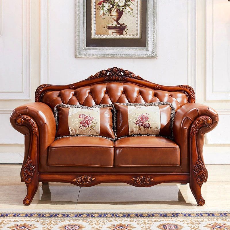 Genuine Leather Tufted Back Sofa Leather Round Arm Sofa in Brown