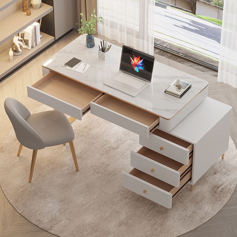 Glam Slate Top Office Desk 5 Drawers Writing Desk with Gold Base