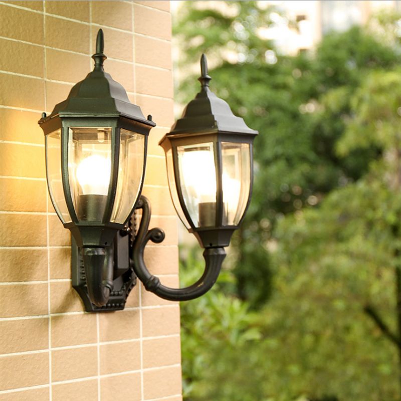 Brass/Black 2 Bulbs Wall Mounted Lighting Farmhouse Clear Glass Acorn Sconce Lamp with Curved Arm