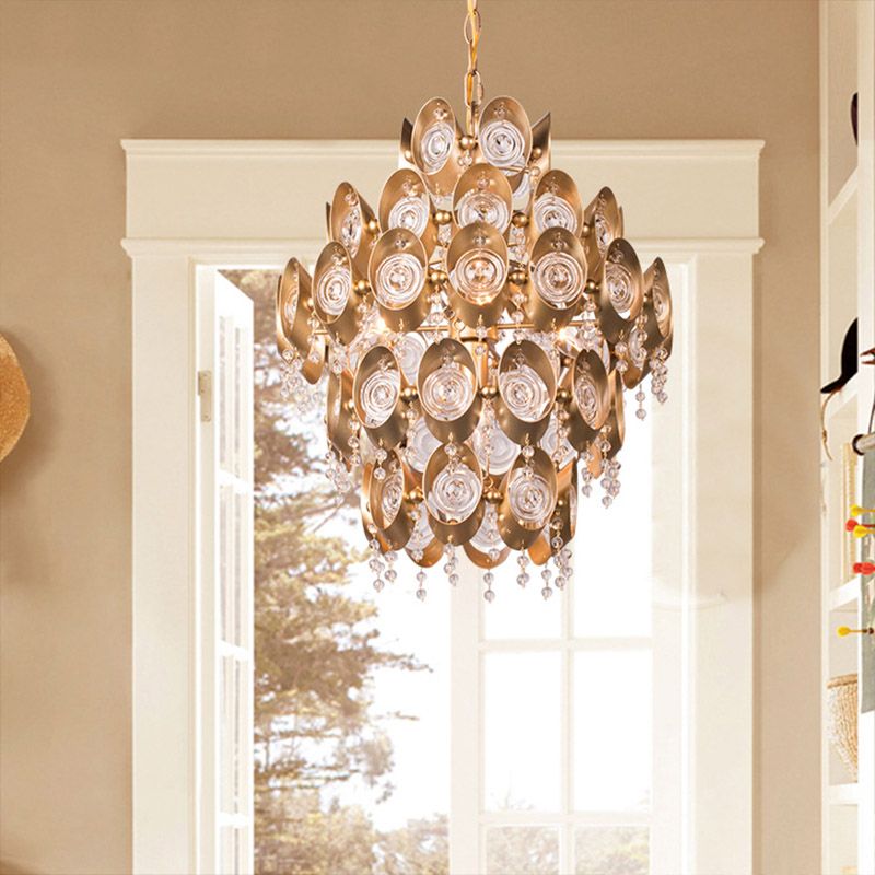 5 Lights Chandelier Traditional-Style Round Crystal Hanging Pendant Light in Gold