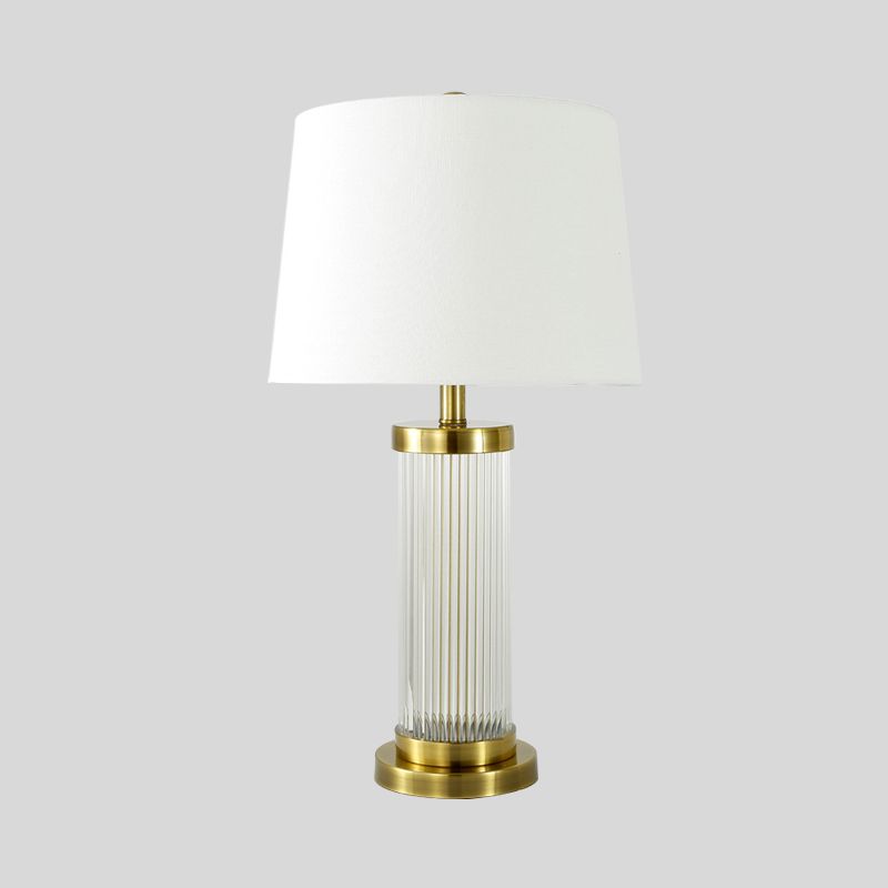 Lampada da tavolo moderna a 1 lampadina, luce dorata, a fiamma larga, piccola lampada da scrivania con paralume in tessuto