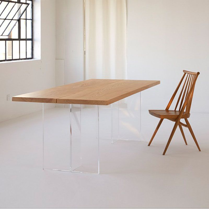 Rectangle Dining Table Natural Pine Wood Top Transparency Acrylic Base Table