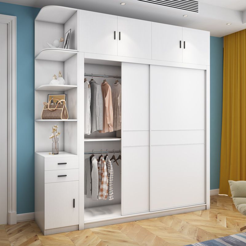 Contemporary Style Wardrobe Armoire White Engineered Wood Wardrobe with Drawer
