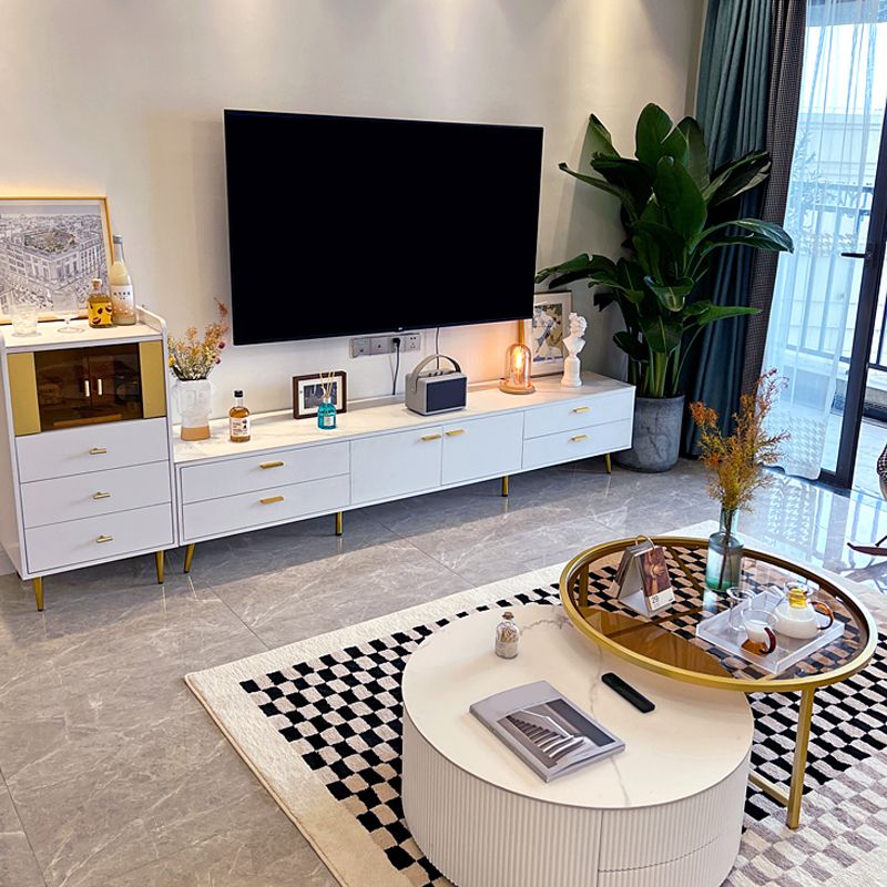 Glam Stone TV Media Console White TV Stand with 4 Drawers and 2 Doors