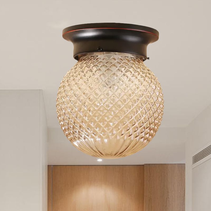 One Light Globe Flush Mount Black/Clear Industrial Ribbed/Opal/Prismatic Glass Lighting Fixture, 6"/6.5" Wide