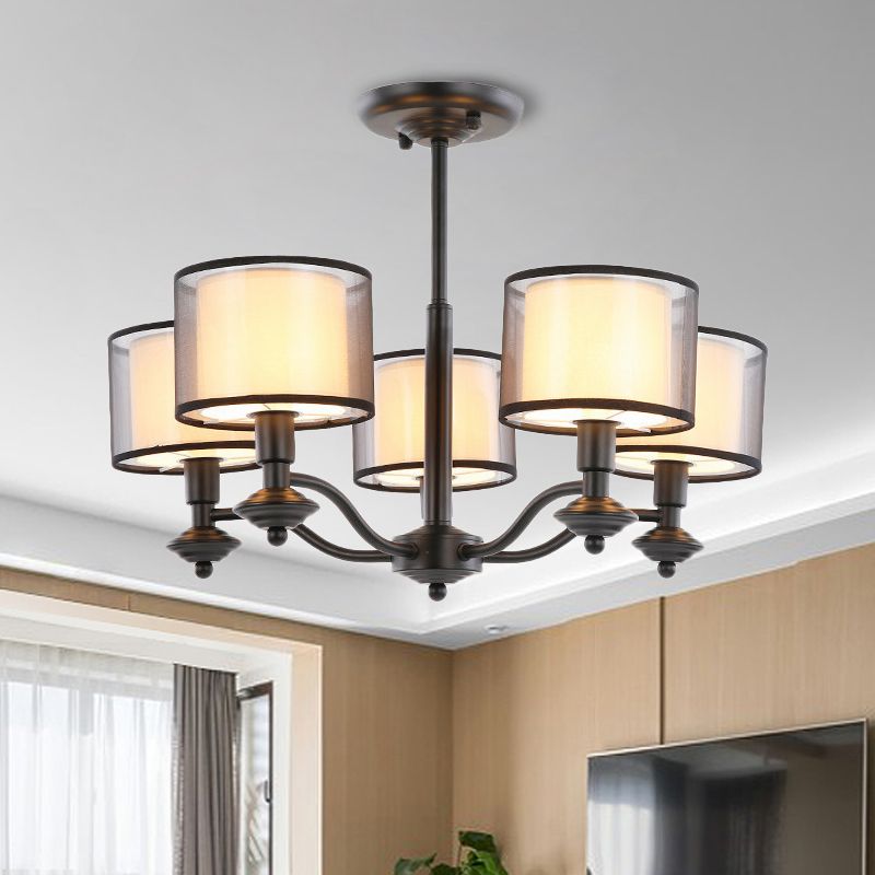 5/6 Bulbs Pendant Chandelier Traditional Double Drum Fabric Hanging Ceiling Light in Black for Bedroom