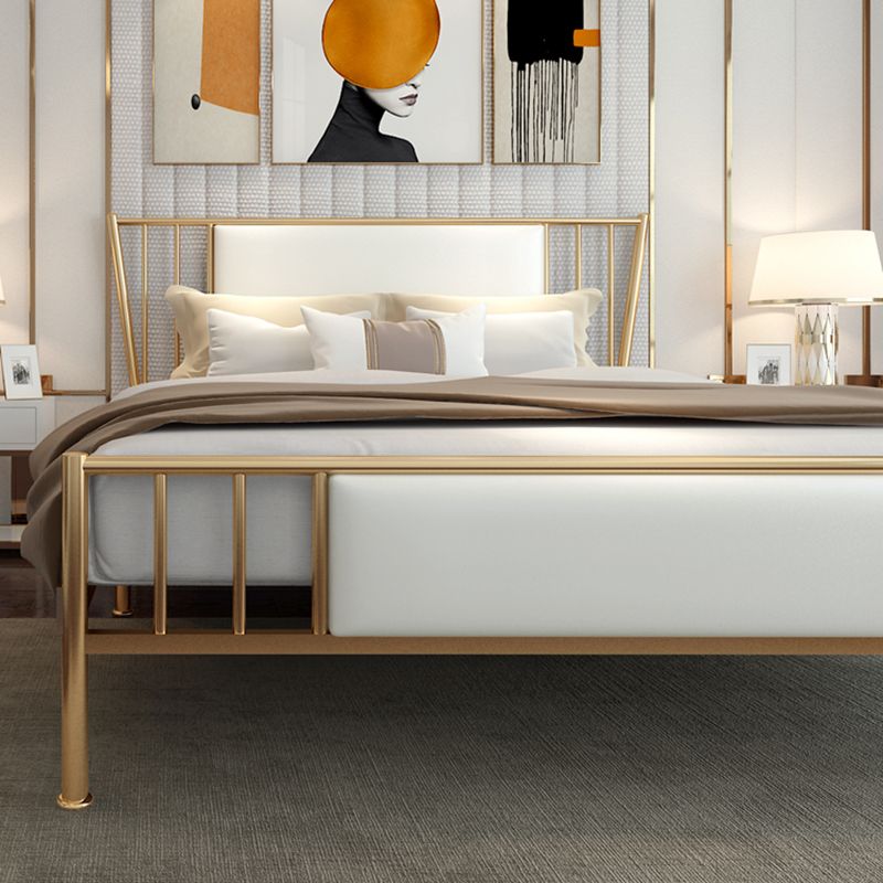 White Upholstered Bed with Headboard Low Profile Bed with Metal Legs