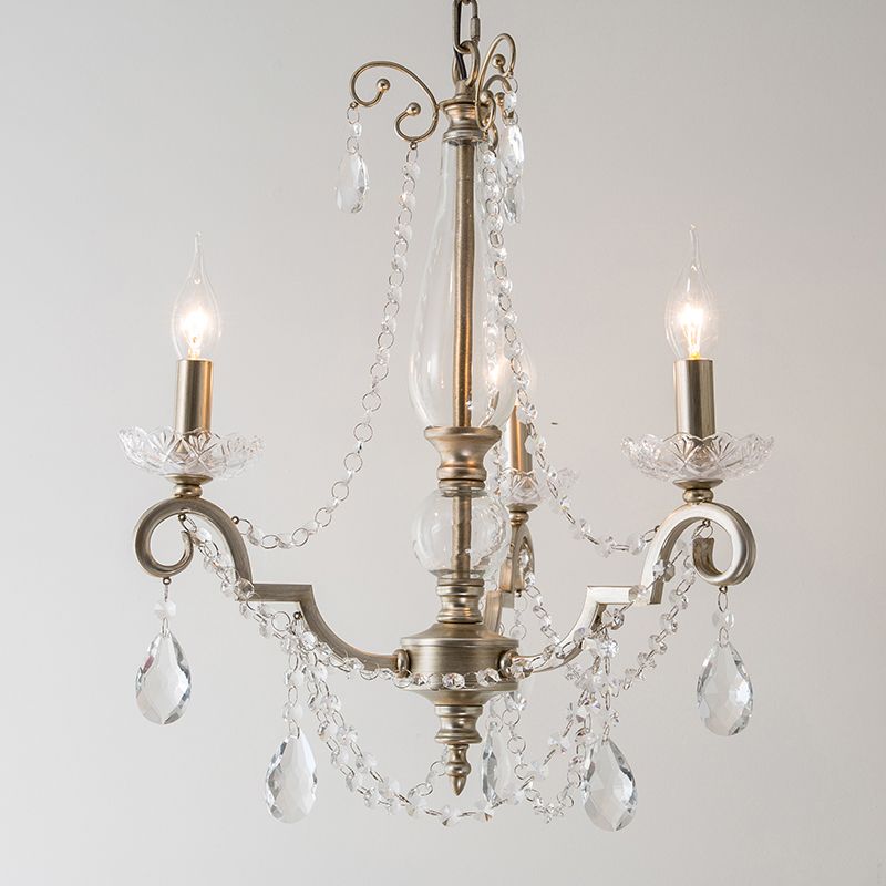 Aged Silver Candle Chandelier Rustic Crystal Living Room Suspension Light with Swirled Arm