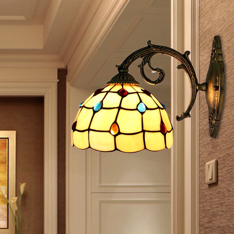 Vintage Bowl Wall Light Stained Glass 1 Light Wall Sconce Lamp Fixture with Jewel Pattern in Beige