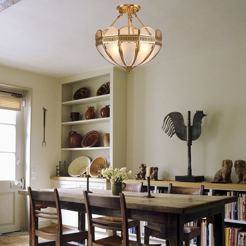 4 Bulbs Umbrella Semi Flush Mount Light Traditional Frosted Glass Ceiling Mounted Fixture in Brass