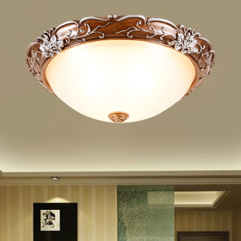 Milky Glass Brown Ceiling Lamp Semi-Spherical 3 Bulbs Countryside Flush Mount Lighting with Flower Pattern