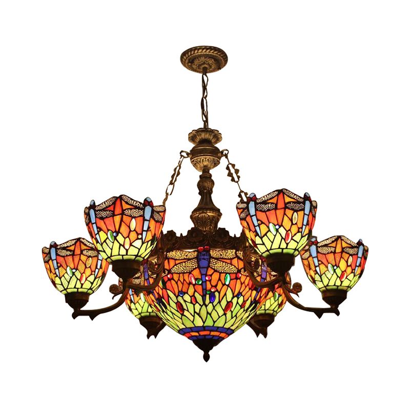 Chandeliers for Living Room, Dragonfly Hanging Pendant Lamp with Stained Glass Shade and Jewel Decoration Tiffany Style
