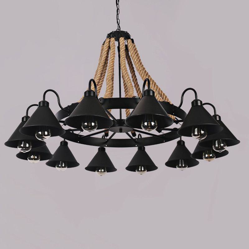Multi Lights Black Hanging Chandelier Light Industrial Rope Cone Pendant Lamp