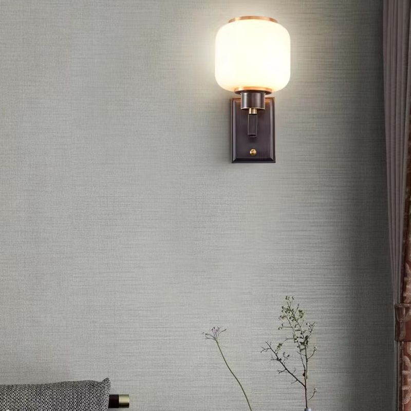 Modern Metal Wall Sconce Lantern Shape Wall Light with Glass Shade for Bedroom