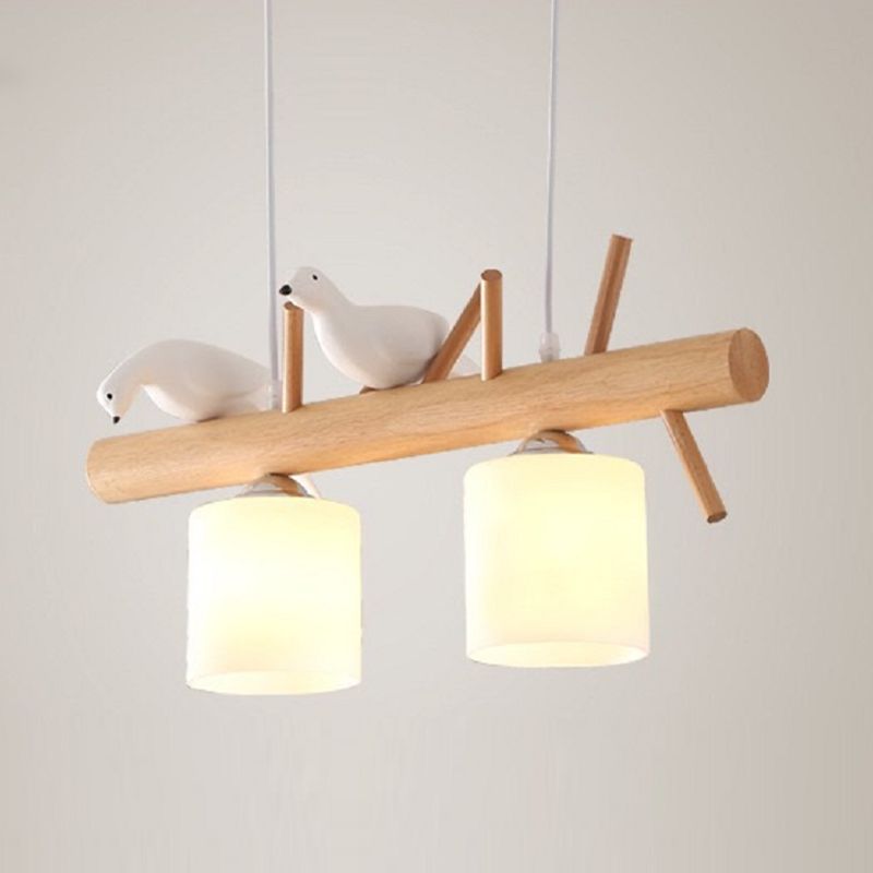 Wood Island Lamp Modern Island Hanging Light with Glass Shade for Dining Room