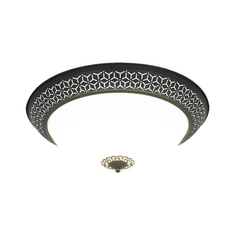 LED Semi-Globe Ceiling Lighting Minimalism Black Opaline Glass Flush Mount with Floral Finial for Bedroom