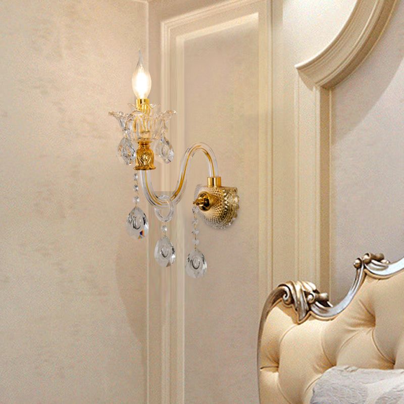 1/2-Bulb Clear Glass Coated Wall Lamp Vintage Gold Candle Style Lounge Sconce Light with Undulated Arm