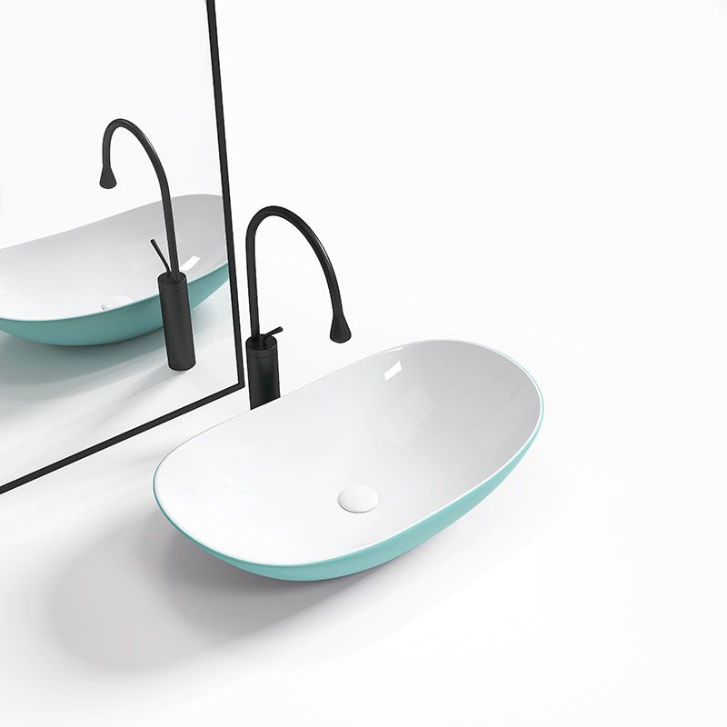 Modern Basin Sink Oval Porcelain with Pop-Up Drain Vessel Bathroom Sink