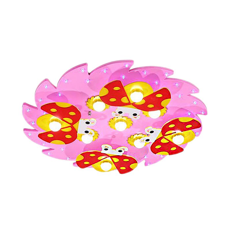 Wood Tree Ceiling Light with Ladybug Deco Modern Cartoon Flush Mount Light for Kid Bedroom