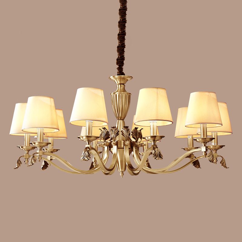 Brass Candelabra Ceiling Lighting Modern Metallic Chandelier Light Fixture with Tapered Fabric Shade