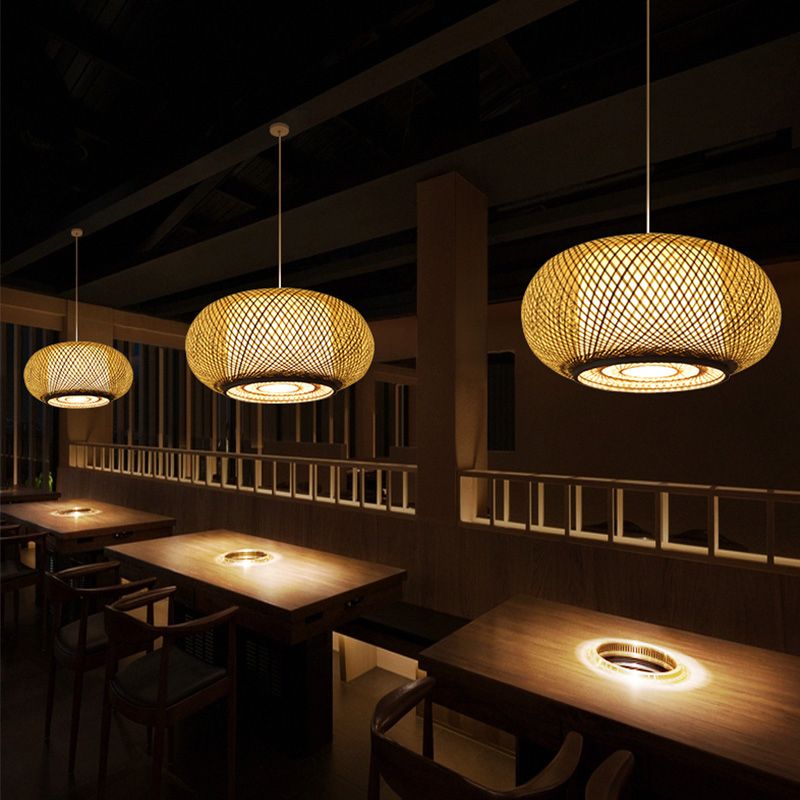 Asia Drum Pendant Light 1-Light Beige Hanging Ceiling Light for Dining Room