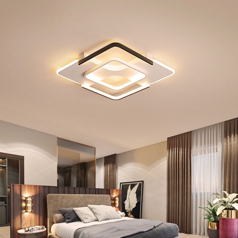 Squared Bedroom Ceiling Flush Light Black-White Metal Contemporary 16"/19.5" Wide LED Flushmount Lighting in Warm/White Light