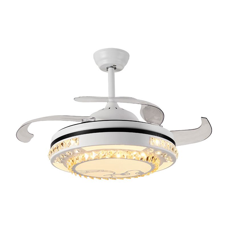 LED Round Pendant Fan Lamp Modern White Clear Crystal Blocks Semi Flush with 4 Blades, 21.5" Wide