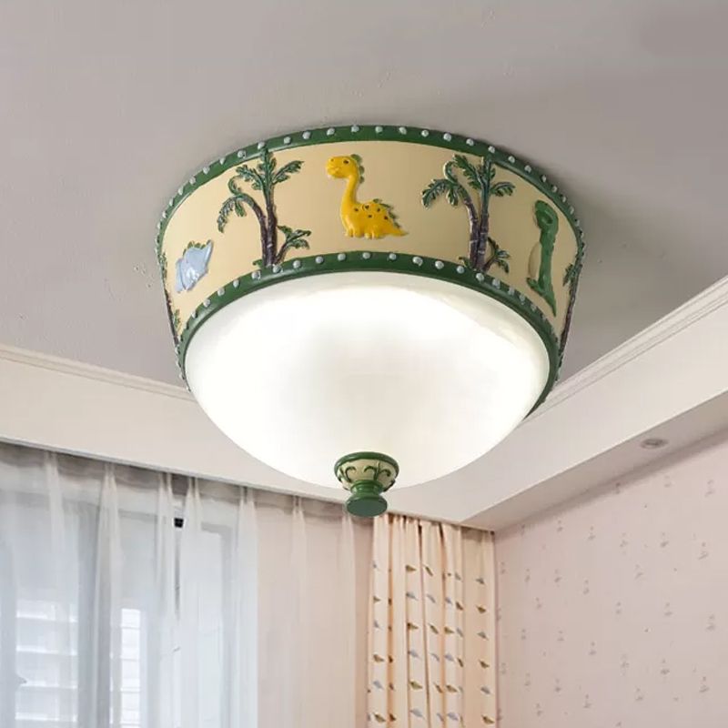 Bowl Opal Glass Ceiling Lamp Kids Blue/Yellow LED Flush Mount with Dinosaur and Tree Pattern in White/Warm Light