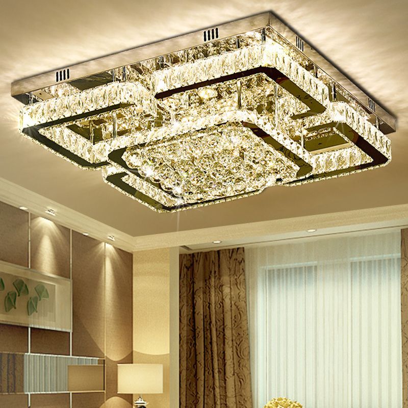 Stainless-Steel Rectangular Flush Ceiling Light Contemporary Crystal LED Flush Mount Lighting Fixture