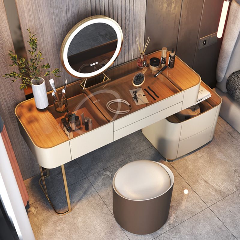 Glass Vanity Desk with 5 Storage Drawers 16.14" Wide Cream Wood Vanity Set