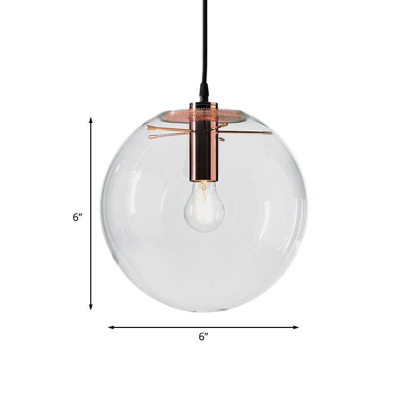 Round Pendant Light Modern 1-Light 6"/8"/12" Wide Clear Glass Hanging Lamp in Rose Gold