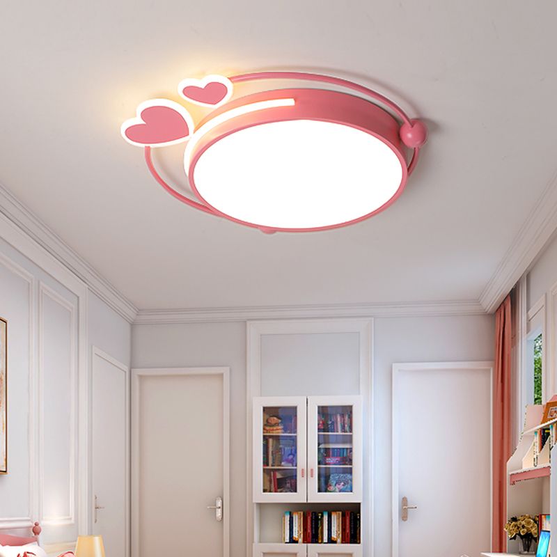 Pink Drum Flush Mount Fixture Modernist Acrylic LED Flush Mount Ceiling Lamp with Loving Heart Design in Warm/White Light