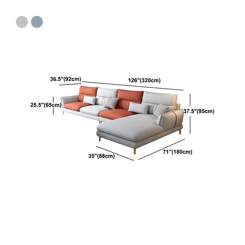 Fabric Pillow Back Sectional Flared Arm Sectional with Wood Accents