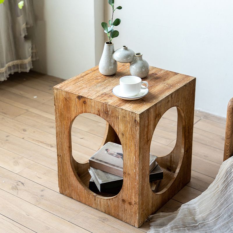 Rustic Wooden Storage End Table Square Drum Side Table in Natural