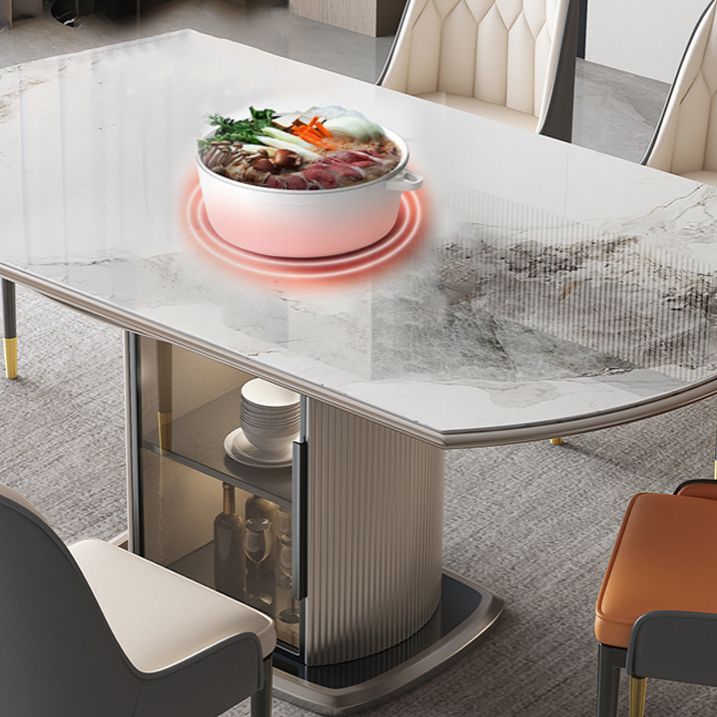 Stone Tabletop Round Extendable Dining Table in White with Storage