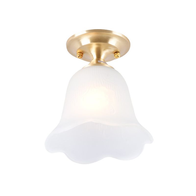 Floral Cream Glass Semi Flush Single Vintage Single Corridor Flush Ceiling Light Fixture in Gold