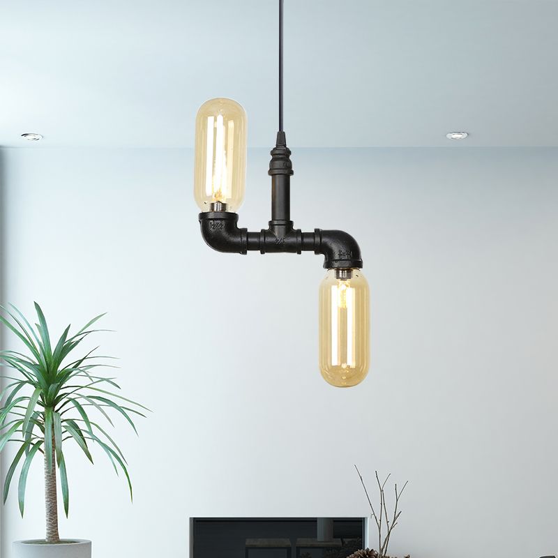 Amber Glass Black Suspension Light Pill Capsule 2-Light Industrial LED Chandelier Pendant Lamp