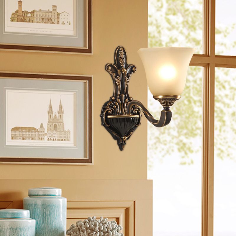 1/2-Light Wall Light Fixture Vintage Porch Wall Sconce with Flared Frosted Glass in Bronze