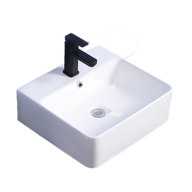 Modern Bathroom Sink Ceramic Rectangular White with Single Faucet Hole Vessel Sink