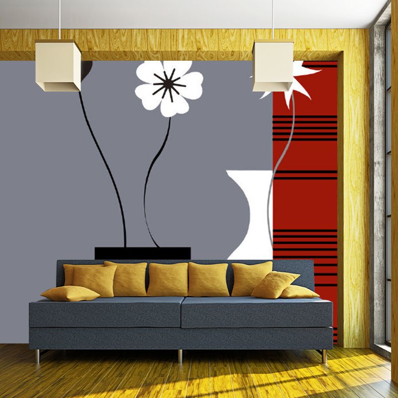 Red-Black Minimalist Wall Mural Decal Large Flower and Vase Pattern Wall Covering for Decor